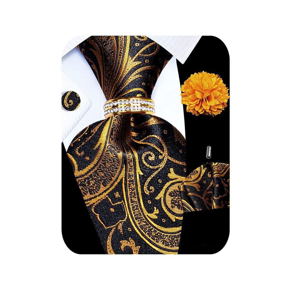 1398 5PCS Gold and Black Paisley Silk Tie Pocket Square Cufflinks